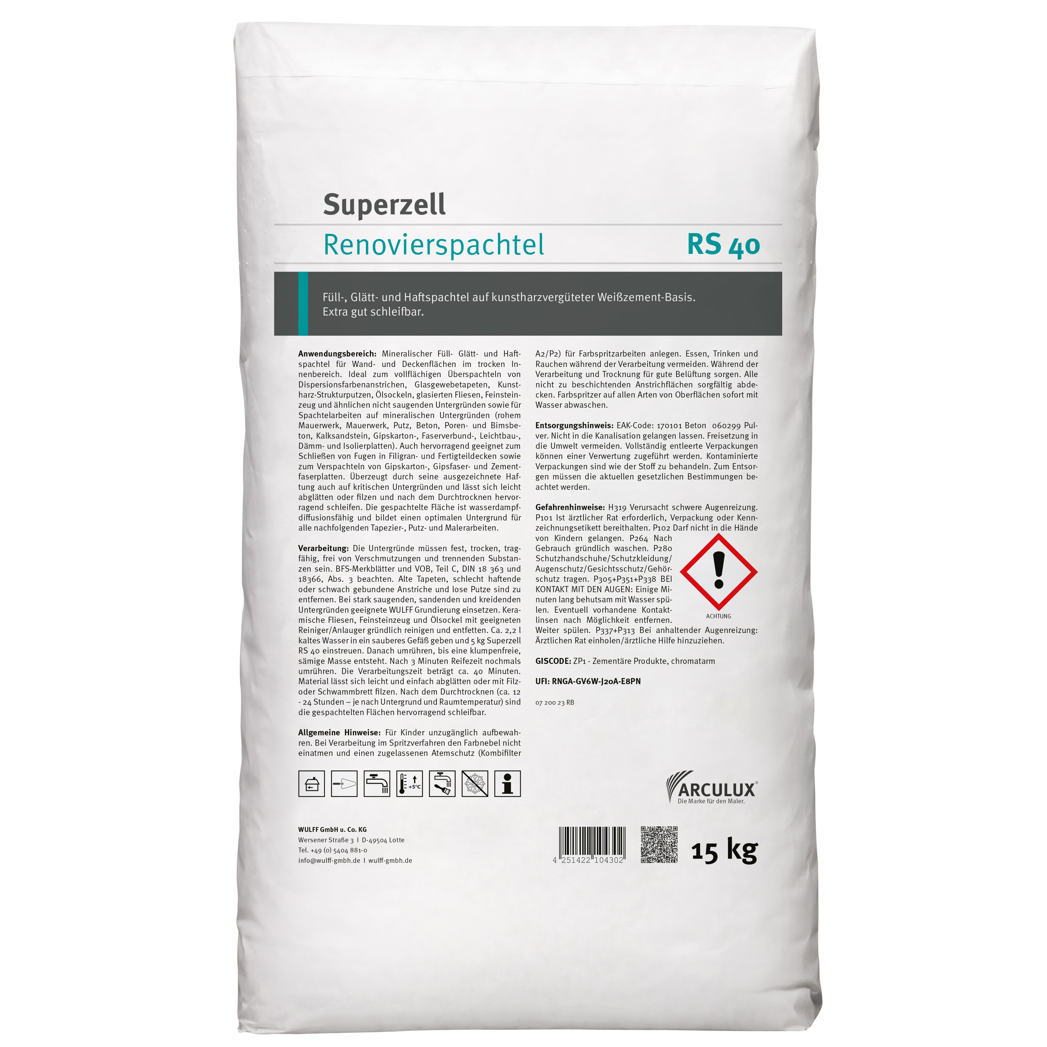 Superzell Renovierspachtel RS 40, Weiß, 15 kg